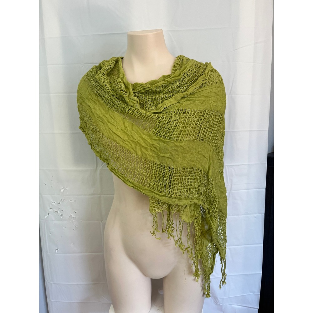 Lime Green Crinkle Open Knit Fringe Shawl Scarf Wrap Cotton Viscose Blend